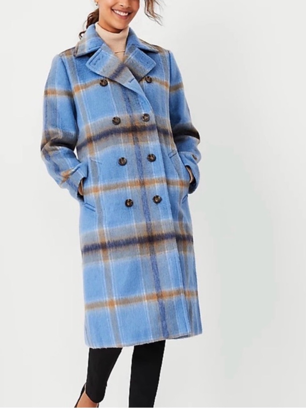 Ann Taylor Blue Plaid Wool-Blend Double-breasted Coat XL